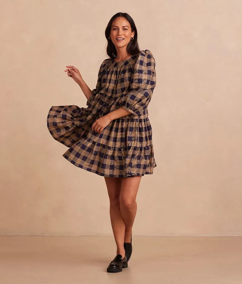 The Tiered Mini Dress - Buffalo Check in Midnight & Toffee — image 1 of 1