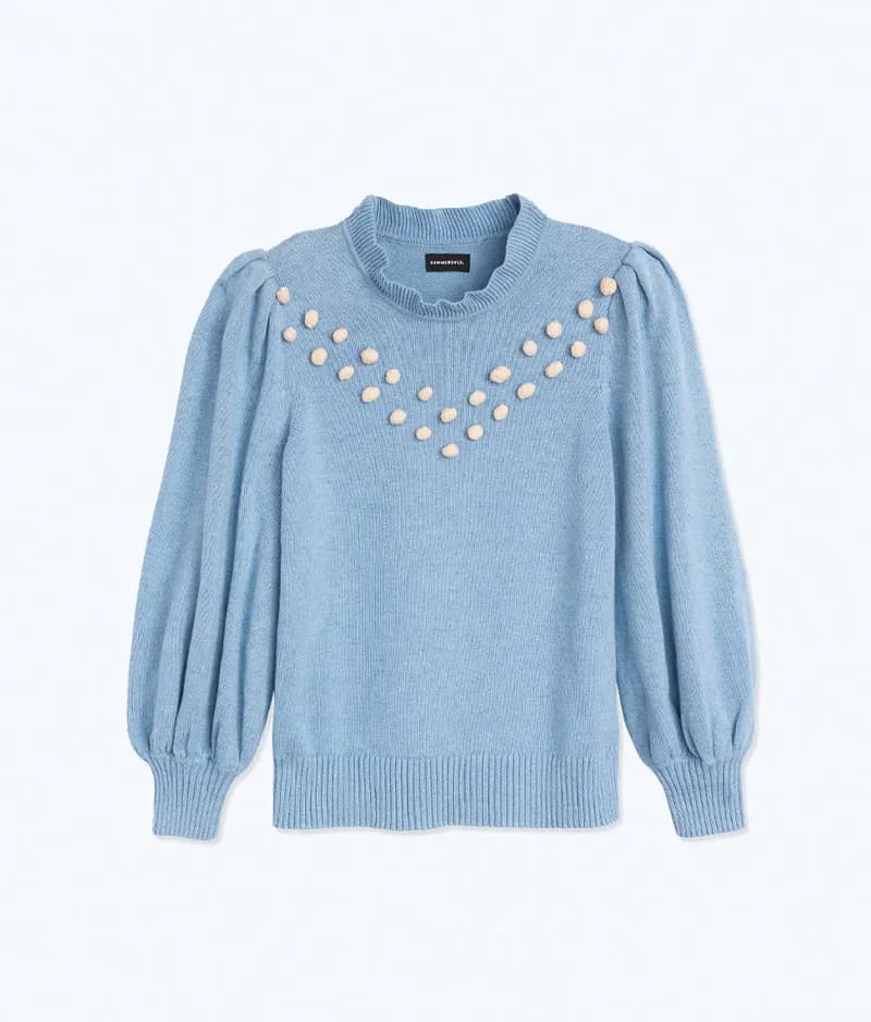 The Year-Round Balloon Sleeve Pompom Sweater - Glacier — image 1 of 1
