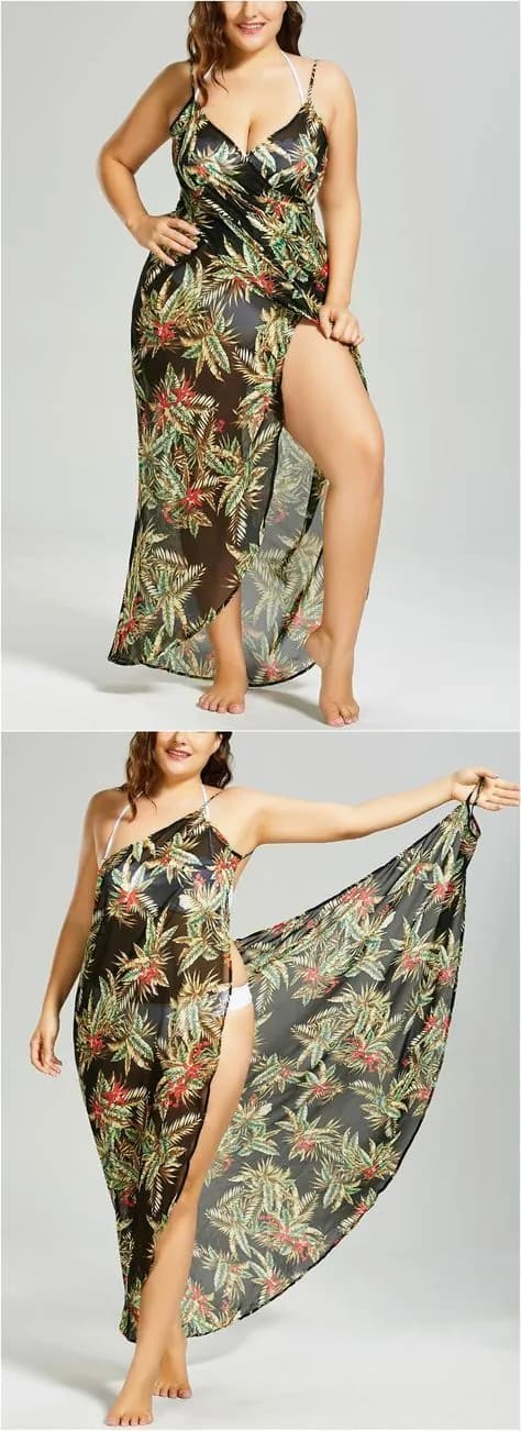 Tropical Leaf Floral Print Wrap Cover-Up Dress — image 1 of 1