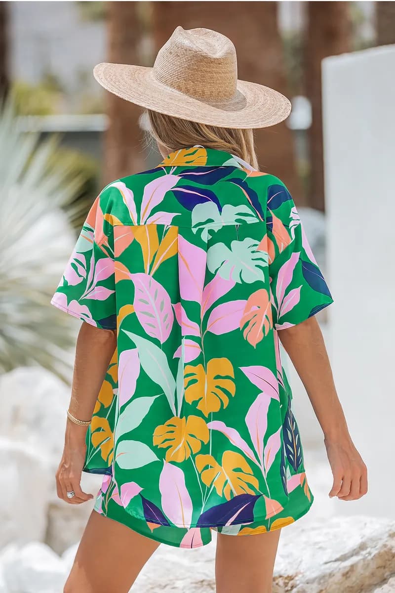 Tropical Leaf Print Drop-Sleeve Shirt — image 1 of 1
