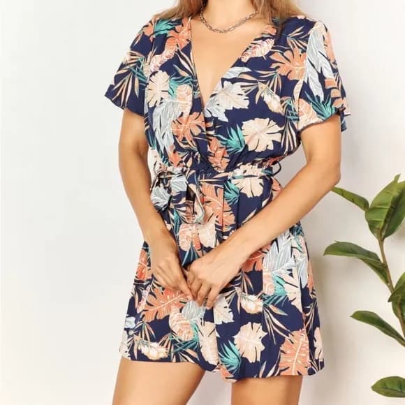 Tropical Leaf Print Tie Front Romper — image 1 of 1