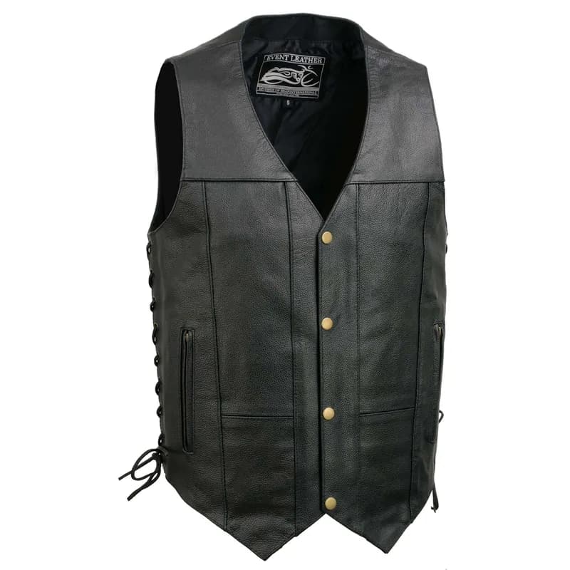 Black Motorcycle Leather Vest for Men Tall Sizes w/ 10 Pockets- Riding Club Adult — image 1 of 1