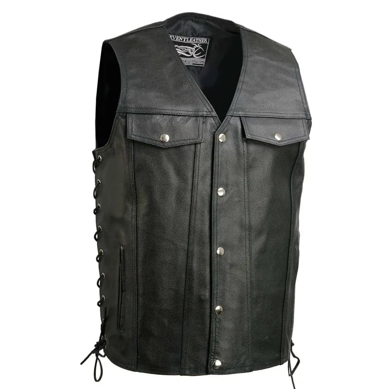 Black Motorcycle Leather Vest Tall Sizes with Denim Style Pockets -Riding Club Adult — image 1 of 1