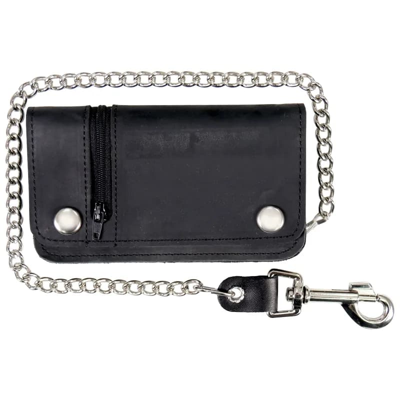Black Premium Leather Bi-Fold Wallet with Change Pocket and Chain — image 1 of 1