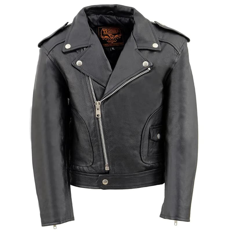 Boy's Black Classic Leather Biker Jacket with Patch Pocket Style — image 1 of 1