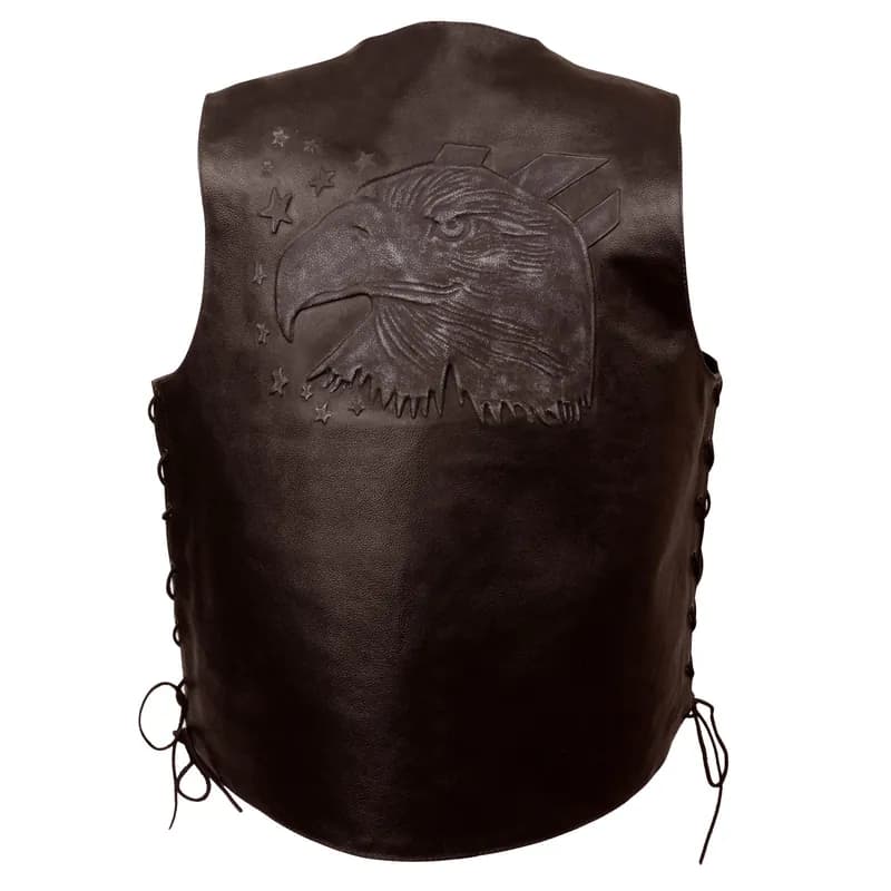 Brown Motorcycle Leather Side Lace Vest for Men w/ Eagle Head and Stars Emboss — image 1 of 1