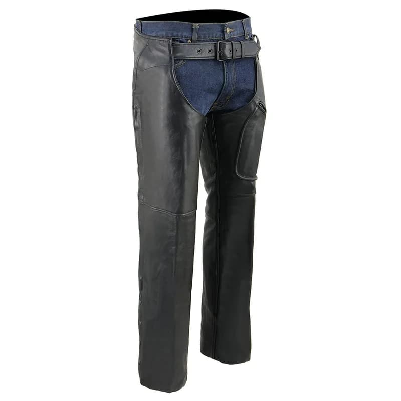 Chaps for Men's Black Leather 3-Front Pockets- Thigh Patch Pocket Motorcycle Riders — image 1 of 1