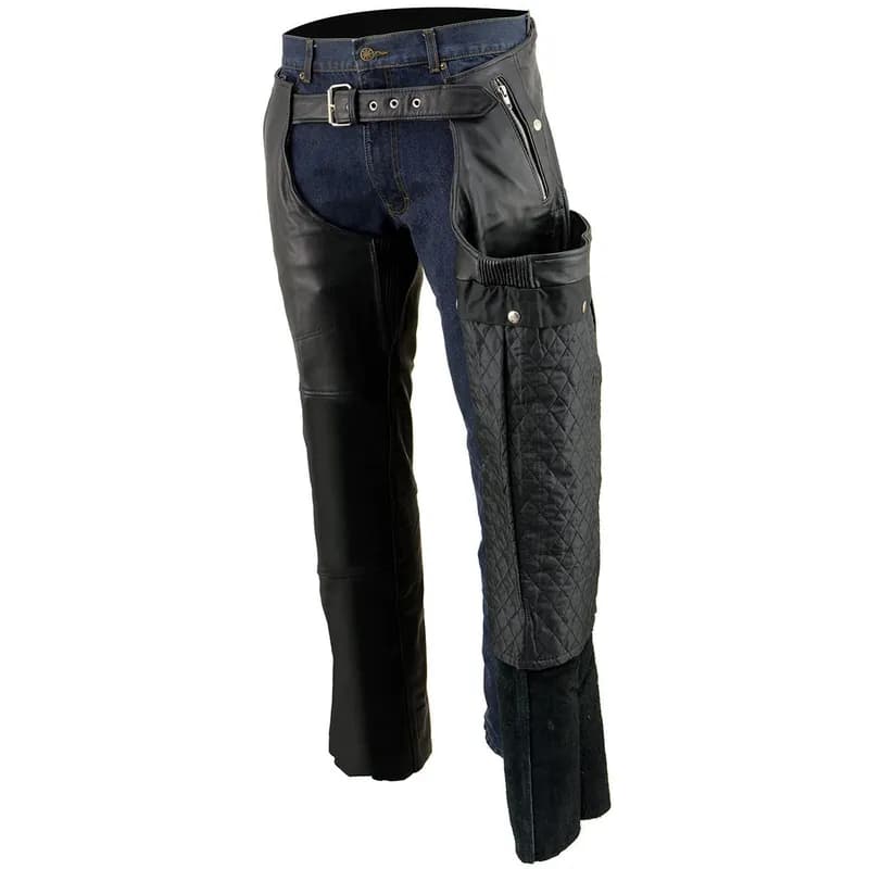 Chaps for Men's Black Leather 4-Pockets - Snap Out Thermal Lined Motorcycle Riders — image 1 of 1