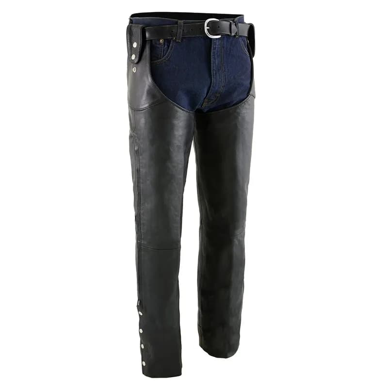 Chaps for Men's Black Leather Belt Less- Adjustable Side Snap Loop Motorcycle Riders — image 1 of 1