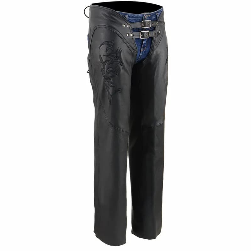 Chaps for Women Black Low-Rise Waist- Double Buckle Reflective Embroidery Motorcycle — image 1 of 1