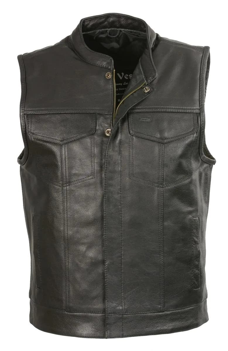 Club Vest CVM3710 Men’s Leather Black Open Neck Vest with Snap and Zip Front Closure — image 1 of 1