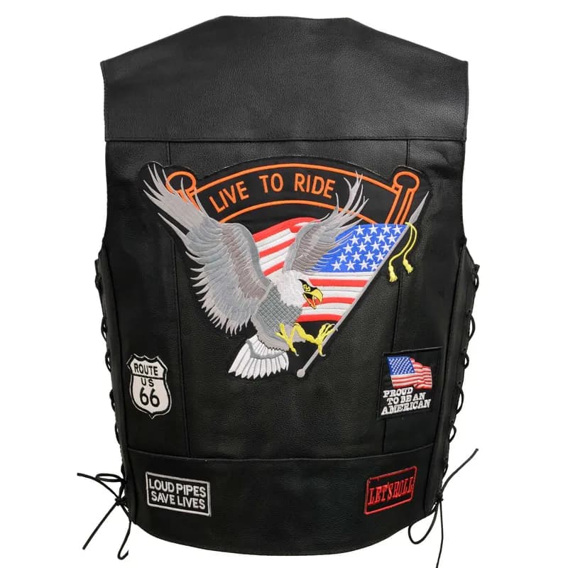Event Leather ELM3930 Men’s Black Motorcycle Riders Leather Vest w/ 9 Patches and Adjustable Side Laces — image 1 of 1