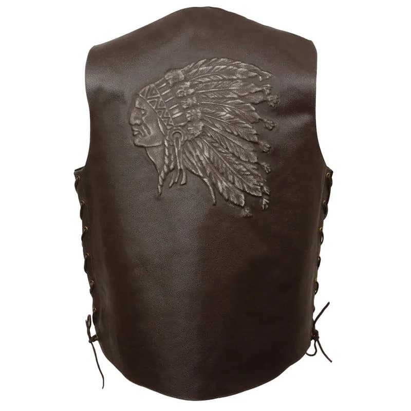 Event Leather ELM3900 Men's Motorcycle Riders Brown Leather Vest with Embossed Native American Head — image 1 of 1