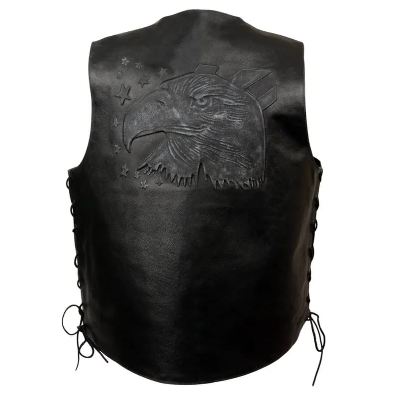 Event Leather ELM3900 Men's Motorcycle Riders Black Leather Vest w/ Embossed American Bald Eagle Head and Stars — image 1 of 1