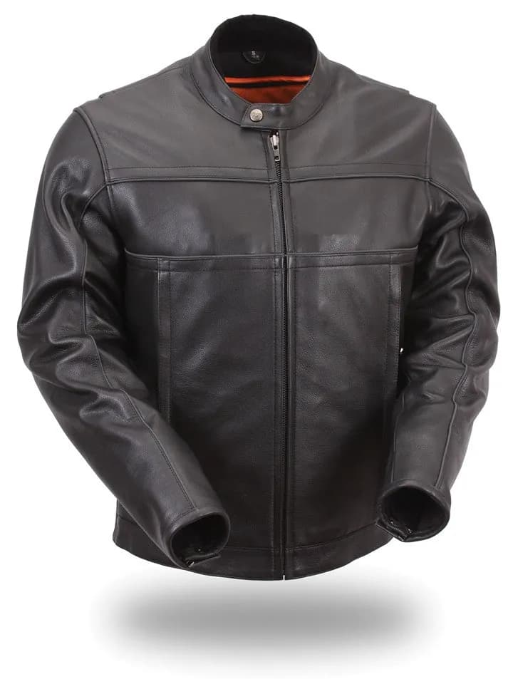 First Manufacturing FIM260NOCZ Men's Black Leather Scooter Jacket with Reflective Piping — image 1 of 1