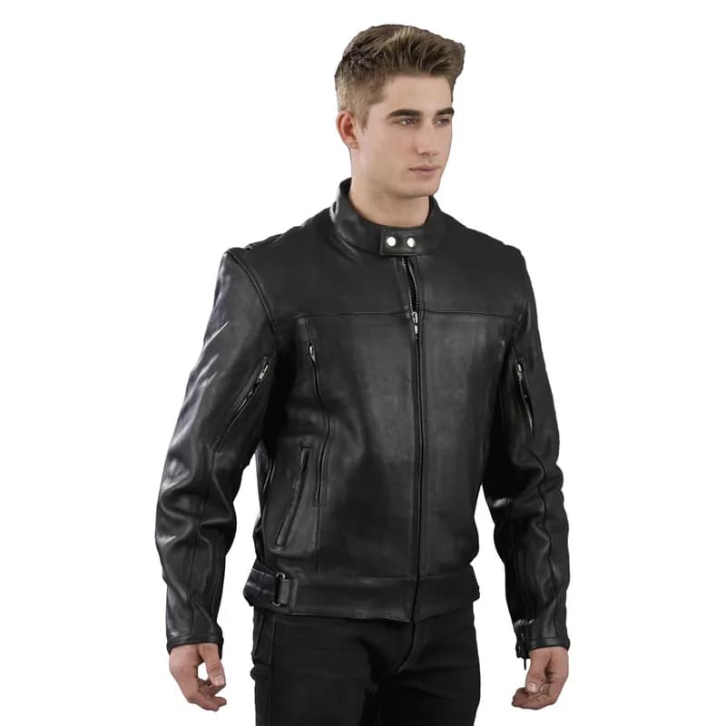Genuine Leather EL1409 Men's Black Leather Vented Mandarin Collar Racer Jacket — image 1 of 1