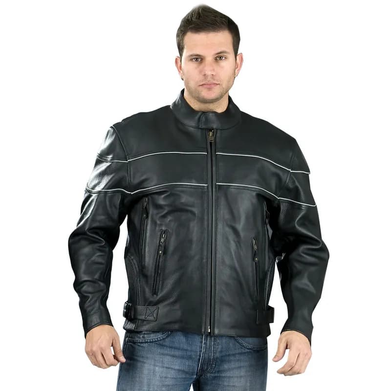 Genuine Leather EL2121 Men's Black Side Stretch Jacket with Reflective Piping — image 1 of 1