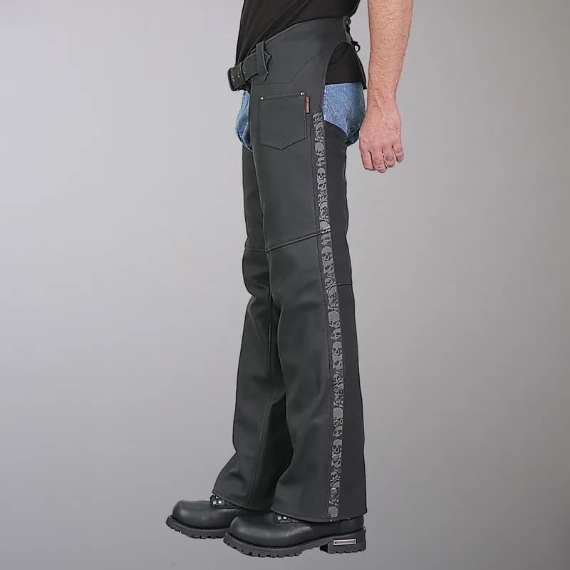 Hot Leathers CHM2001 Men's Matte Black Leather Chaps with Ancient Skull Artwork — image 1 of 1