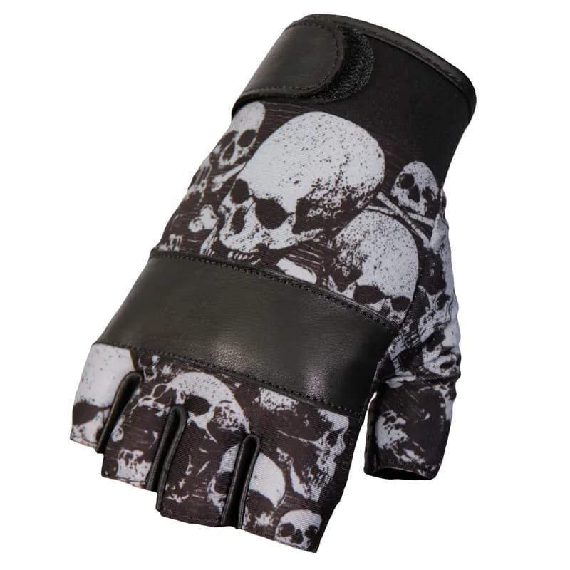 Hot Leathers GVM3009 Uni-Sex Black 'Ancient Skulls' Fingerless Leather Gloves — image 1 of 1