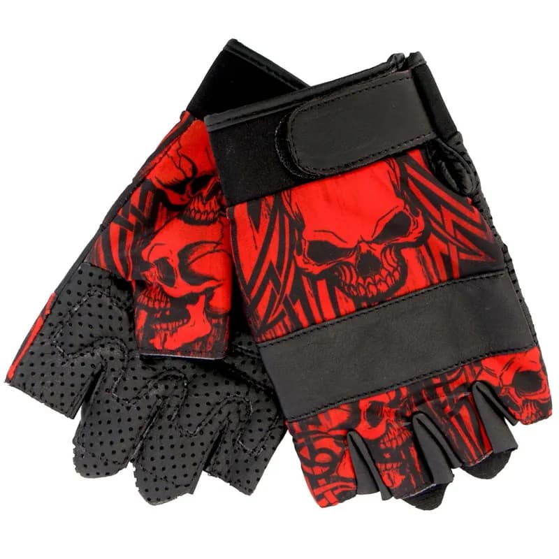 Hot Leathers GVM3010 Uni-Sex Black 'Red Skull' Fingerless Leather Gloves — image 1 of 1