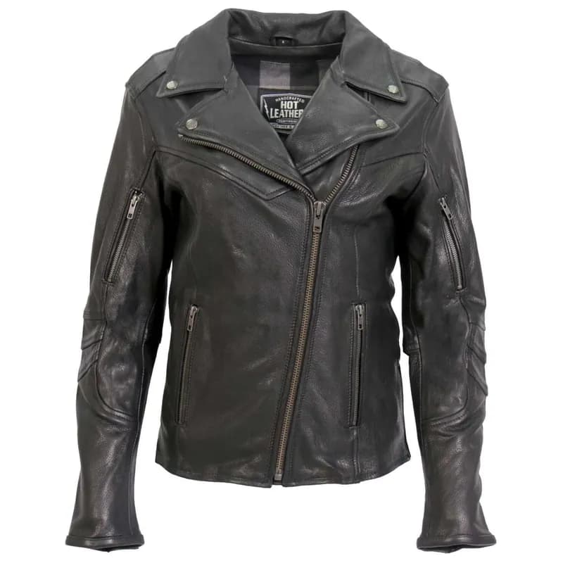 Hot Leathers JKL1034 Ladies Black Leather MC Jacket with Plaid Flannel Lining — image 1 of 1