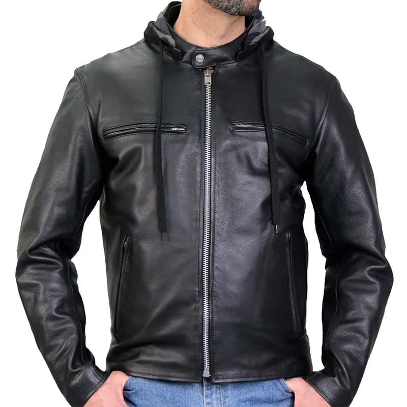 Hot Leathers JKM1030 Men’s Black ‘Carry and Conceal’ Leather Jacket with Flannel Lined Hood — image 1 of 1