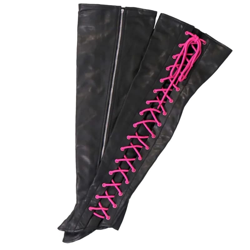 Hot Leathers LCU1005 Ladies Black Lambskin Leather Leggings with Pink Side Lace — image 1 of 1