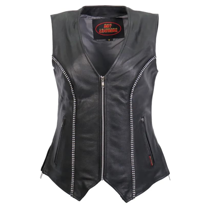 Hot Leathers VSL1016 Ladies 'Rhinestone' Black Leather MC Vest — image 1 of 1