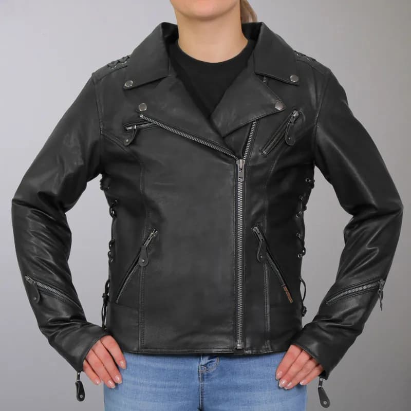 Ladies Black Lace Detail Carry Conceal Leather Motorcycle Jacket — image 1 of 1