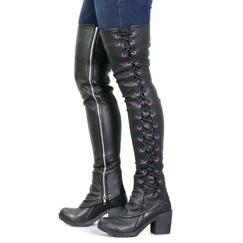 Ladies Black Lambskin Leather Leggings with Purple Side Lace — image 1 of 1