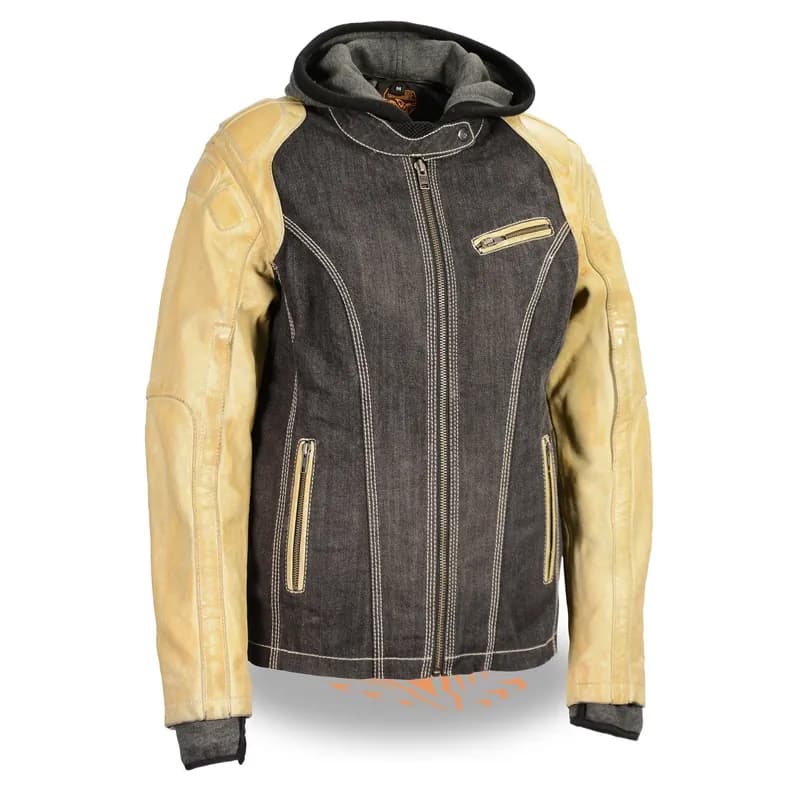 Ladies Hooded Two Tone Black and Beige Denim and Leather Scuba Jacket — image 1 of 1