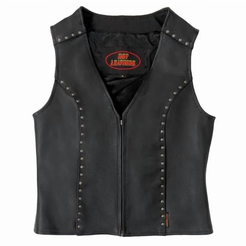 Ladies Studded Black Leather Vest with V-Neck Design — image 1 of 1