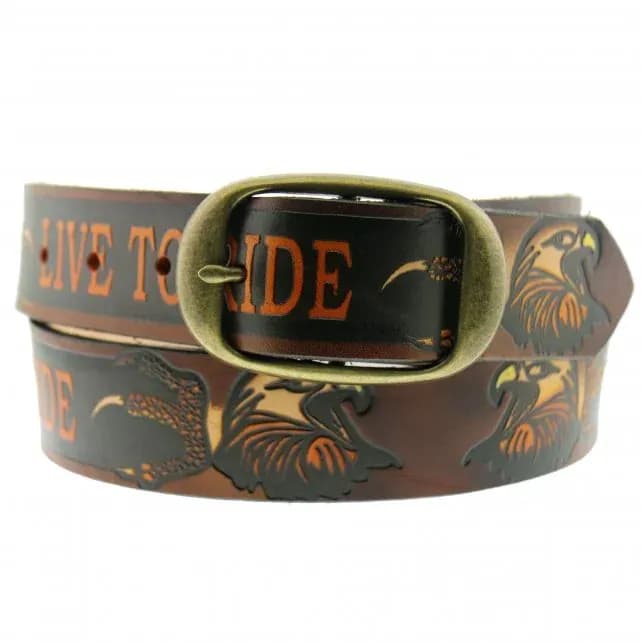 Live To Ride Embossed Brown Leather Belt — image 1 of 1