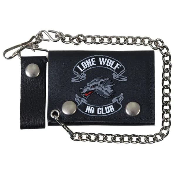 Lone Wolf Tri-Fold Black Leather Wallet with Chain — image 1 of 1