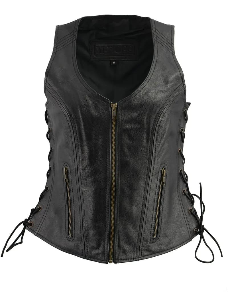 M Boss Motorcycle Apparel BOS24502 Women's Classic Black Leather Snap Front Motorcycle Vest with Side Laces — image 1 of 1