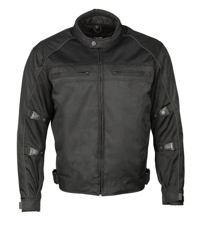 M Boss Motorcycle Apparel BOS11703 Men's Black Nylon and Mesh Motorcycle Racer Riding Jacket with Reflective Piping — image 1 of 1
