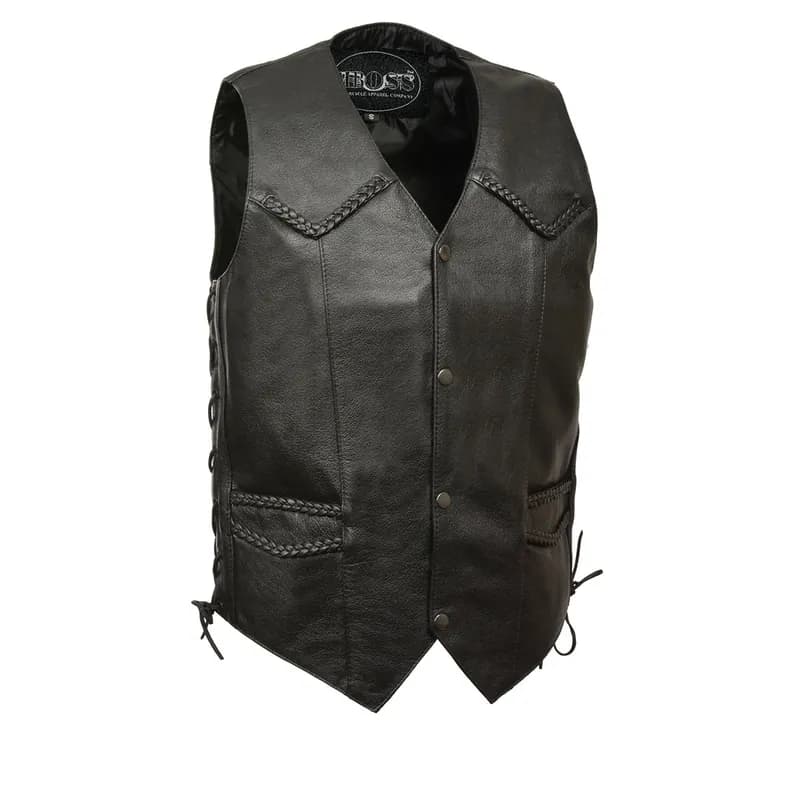 M-Boss Motorcycle Apparel BOS13512 Men’s Braided Motorcycle Biker Leather Vest with Side Laces — image 1 of 1