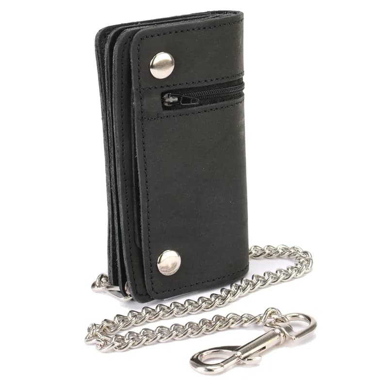 Men's 6" Black Premium Leather Bi-Fold Biker Wallet w/ Zipper Pocket — image 1 of 1