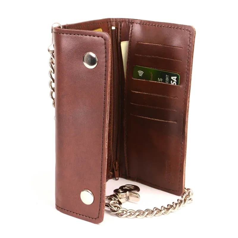 Men's 7-Inch Antique Brown Leather Tri-Fold Biker Wallet w/ Swivel Trigger Clip — image 1 of 1