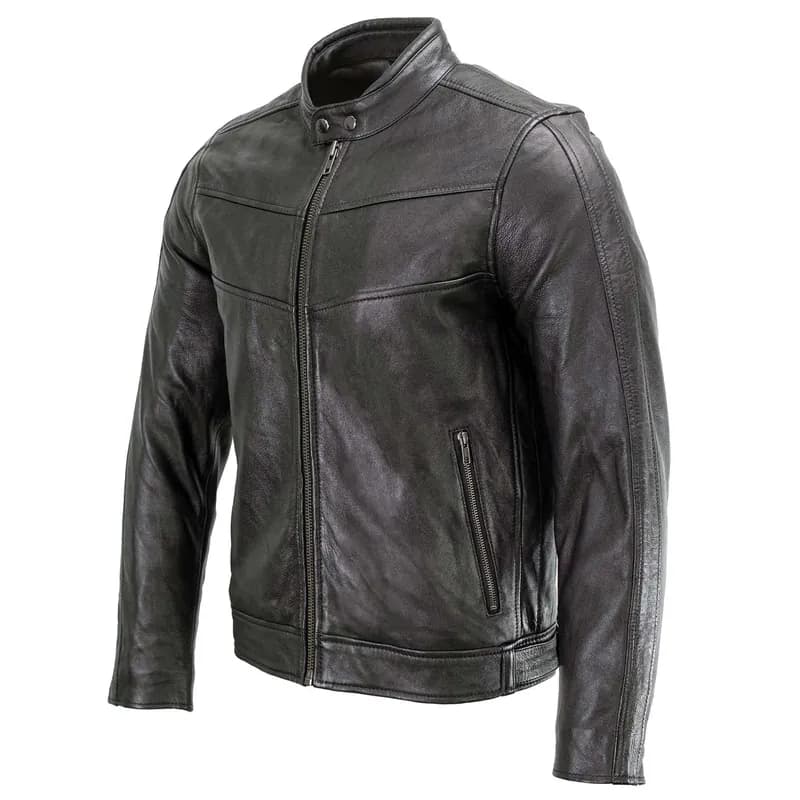 Men's Black Cafe Racer Leather Jacket with Snap Button Collar — image 1 of 1
