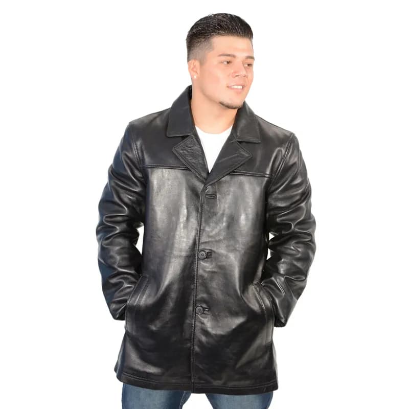 Men's Black Classic Button Closure Fashion Leather Car Coat — image 1 of 1