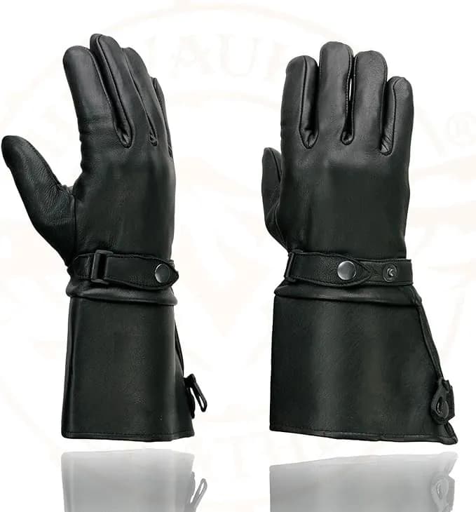 Men's Black Gauntlet Motorcycle Gloves-Black Soft Leather Waterproof Cinch Wrist — image 1 of 1