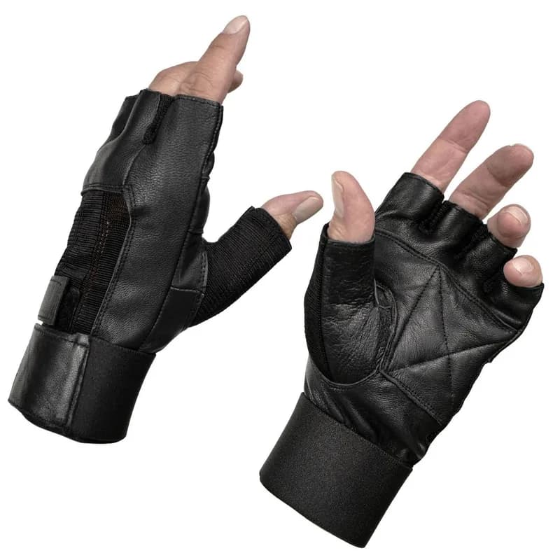 Men's Black Leather and Spandex Gel Padded Palm Fingerless Motorcycle Hand Gloves W/ — image 1 of 1
