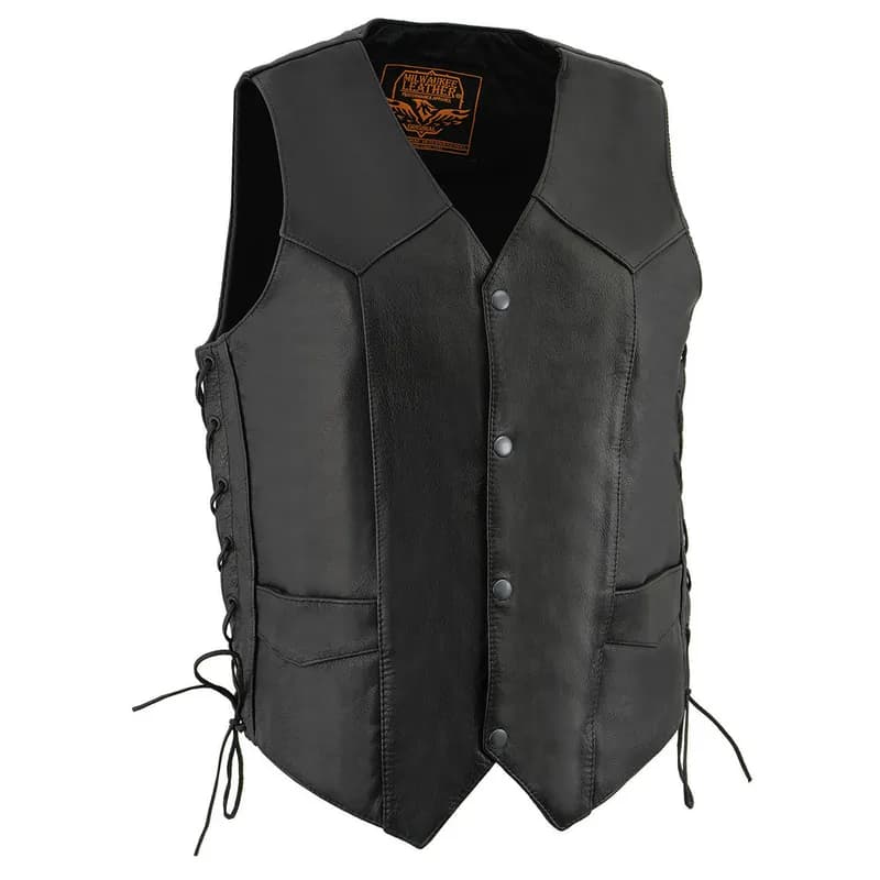 Men's Black Leather Classic Side Lace V-Neck Motorcycle Rider Vest w/ Front Snap — image 1 of 1