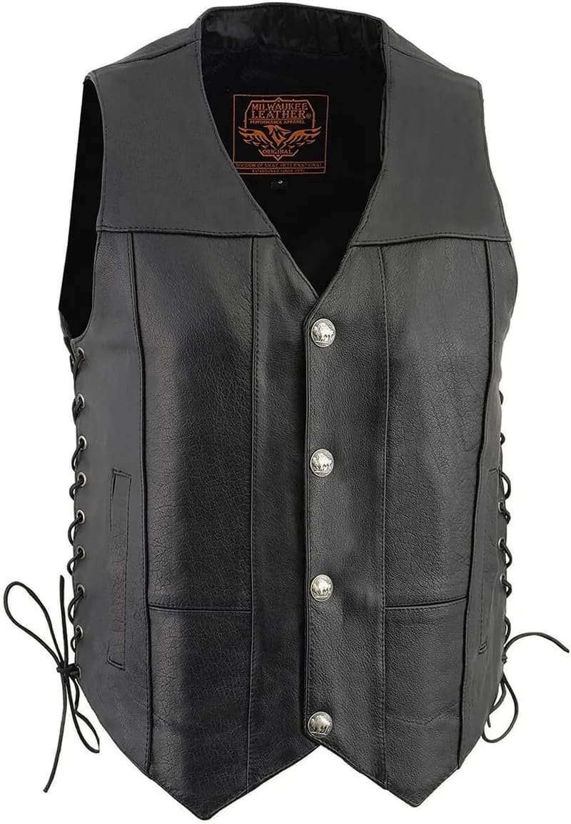 Men's Black Leather Classic V-Neck Motorcycle Rider Vest w/ Buffalo Snaps and Side — image 1 of 1