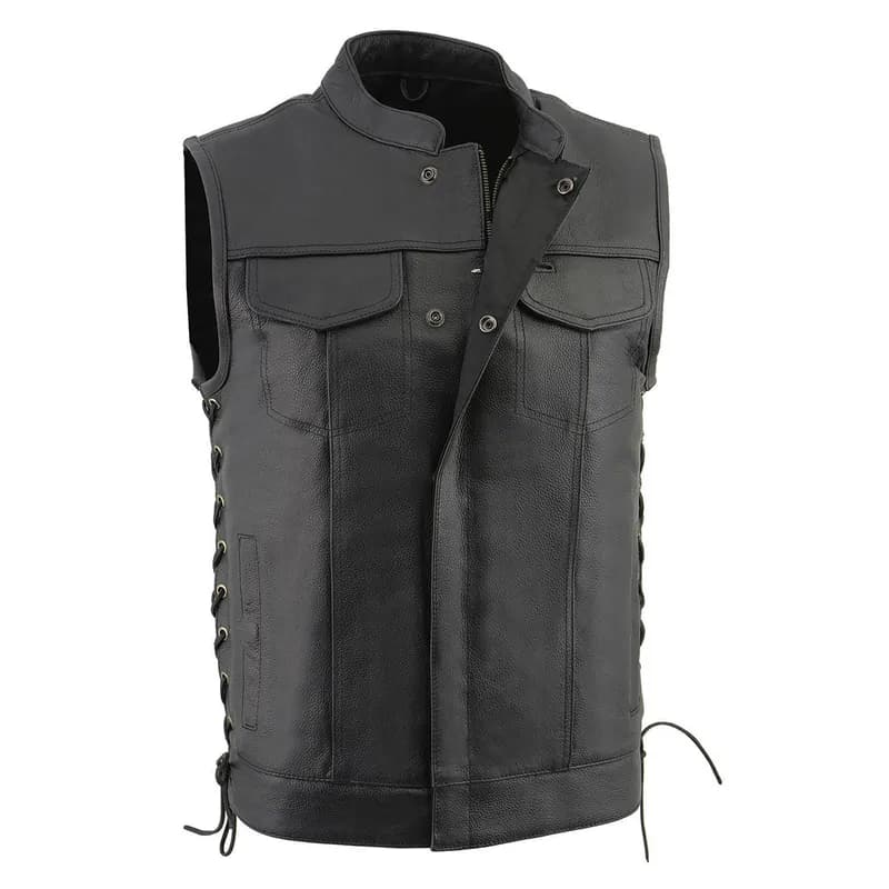 Men's Black Leather Club Style Motorcycle Rider Vest w/ Front Snap/Zipper and Side — image 1 of 1