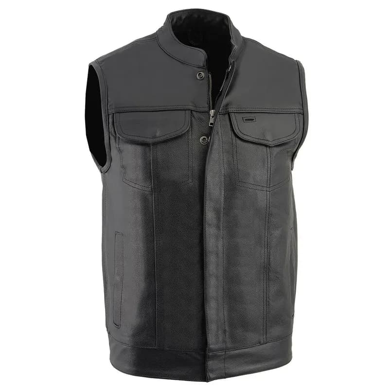 Men's Black Leather Club Style Motorcycle Rider Vest w/ Zipper and Snap Button — image 1 of 1
