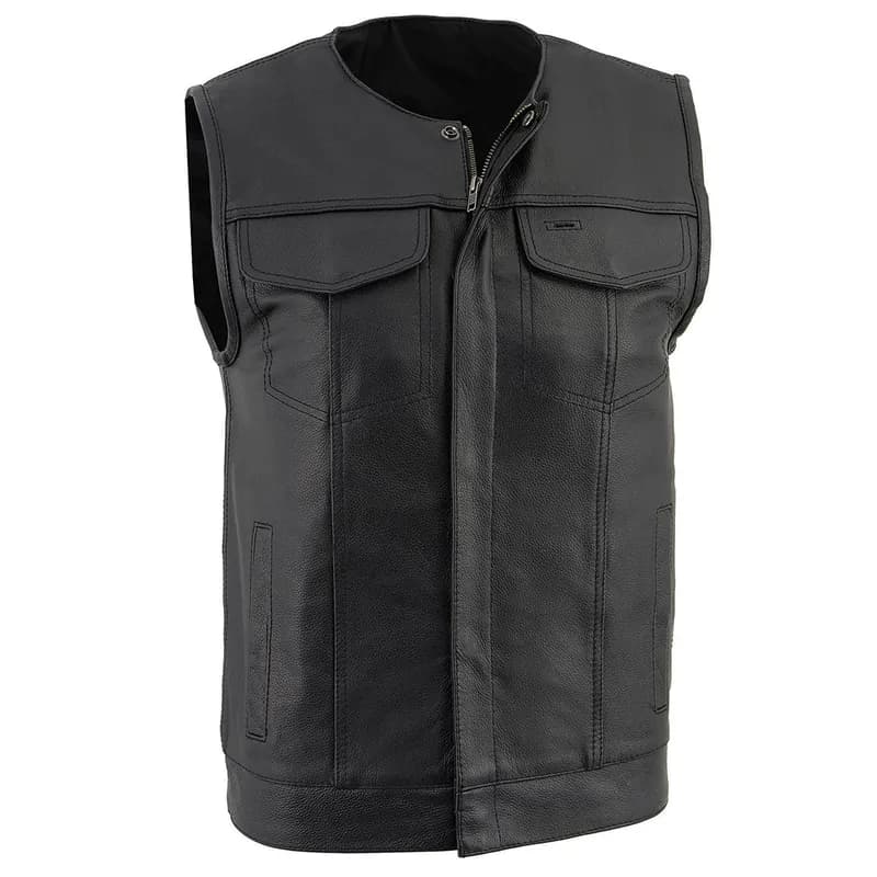 Men's Black Leather Collarless Club Style Motorcycle Rider Vest w/ Dual Front Closure — image 1 of 1