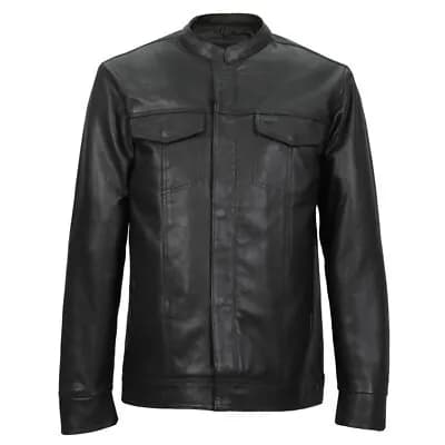 Men's Black Leather Fashion Shirt with Hidden Snap Buttons — image 1 of 1