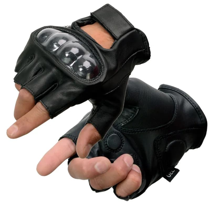Men's Black Leather Gel Padded Fingerless Motorcycle Gloves w/ Knuckle Protection — image 1 of 1